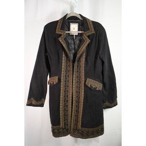 Paparazzi by Biz Black Long Denim Coat Embroidered w/ Gold Tan Intricate Design